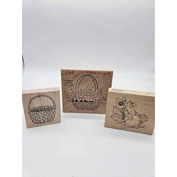 Easter Rubber Stamps Lot of 3 Easter Basket Bunny Rabbit Basket of Flowers Stamp - Picture 1 of 8